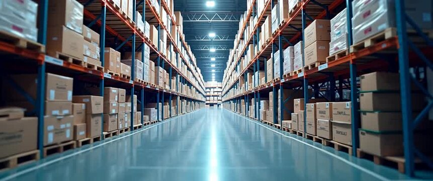 Cinematic warehouse scene with rows of shelves; camera slowly pans, capturing ambient light flicker and subtle movement of stacked boxes; perfect for logistics and supply chain visuals.