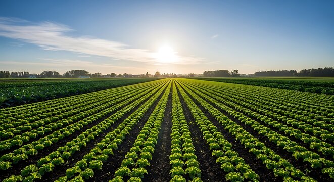 Vast field of green crops at sunrise, rows stretching to the horizon under a golden sky, symbolizing agricultural growth and abundant nature