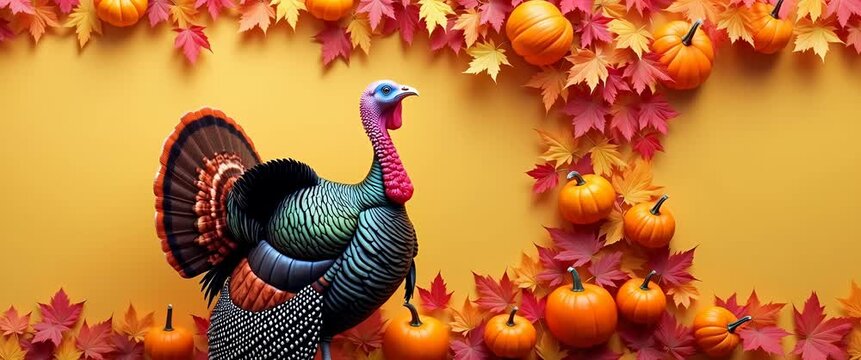 Festive Thanksgiving turkey stands amidst autumn leaves and pumpkins, gently swaying as the camera slowly pans across a vibrant, cinematic harvest scene, perfect for holiday-themed projects.