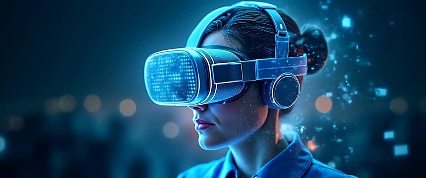 A woman wearing a VR headset explores a futuristic digital landscape, with glowing holographic elements floating around her; the camera slowly pans while ambient city lights flicker in a cinematic sty