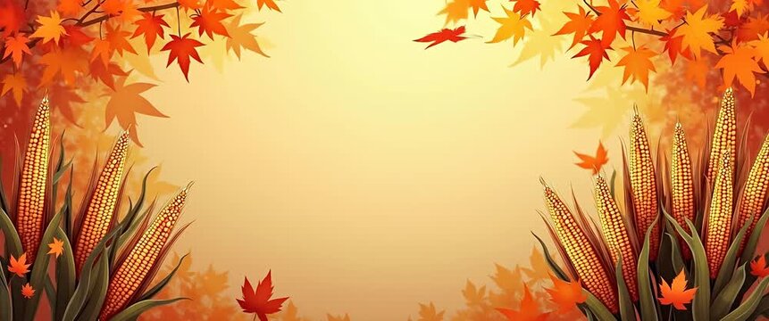 Vibrant autumn leaves gently sway as corn stalks stand tall under a warm, glowing sky; a slow cinematic pan captures the serene harvest scene, offering abundant copy space.