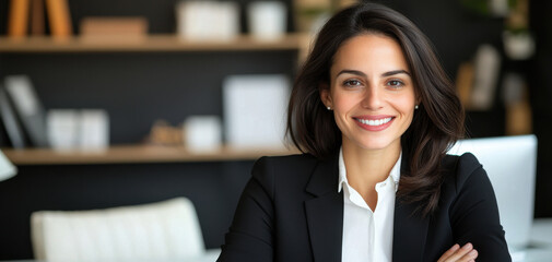 Confident business woman professional portrait smiling face modern office natural light black suit white shirt dark hair executive leadership. Confident energy and welcoming mood