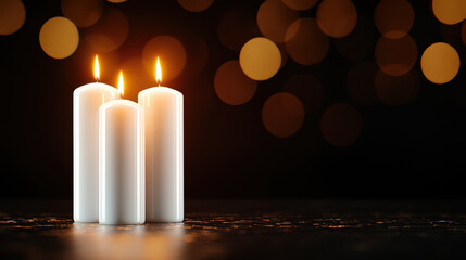 Warm candlelight white candle wax flame glow dark background bokeh cozy serene soft light for calm ambiance and peaceful mood on reflective surface with gentle shadows and elegant minimalist style