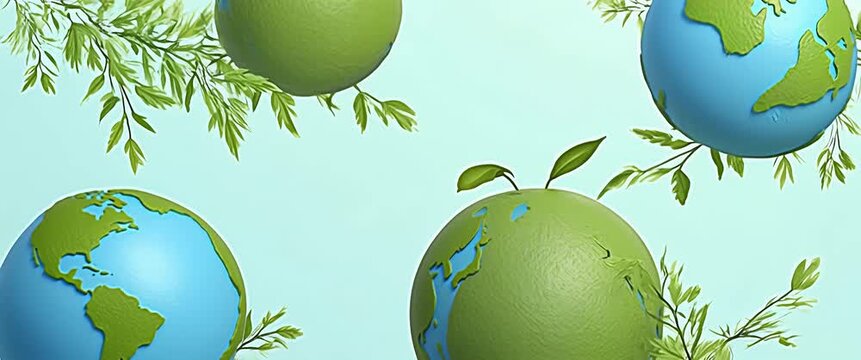 Earth globes with green leaves gently rotate against a soft blue background, as the camera slowly pans, embodying sustainable growth in a minimalist, eco-friendly cinematic style.