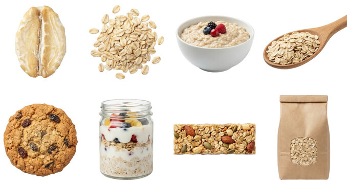 set of oat flakes in different forms, raw, porridge and cookie isolated on a transparent background