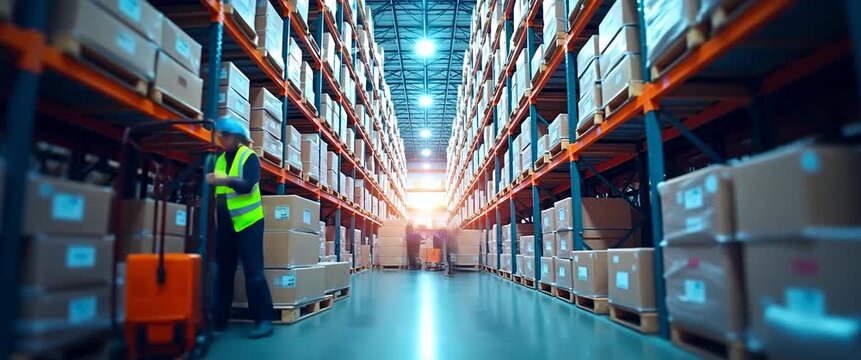 Steady tracking shot of a bustling warehouse aisle with workers organizing boxes, ambient light flickering gently through high windows, cinematic style emphasizes industrial efficiency.