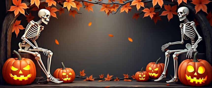 Skeletons sit among glowing pumpkins as autumn leaves gently sway, with a cinematic slow pan revealing a whimsical Halloween scene, ideal for festive stock footage.