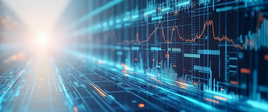 Dynamic digital data flows across a futuristic cityscape; camera pans slowly as neon lights flicker, creating a cinematic, tech-inspired ambiance ideal for innovation-themed content.