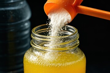 Pouring powder into a clear glass jar creating fizzy bubbles in a refreshing beverage enhancing hydration for athletes showcasing vibrant energy and revitalization
