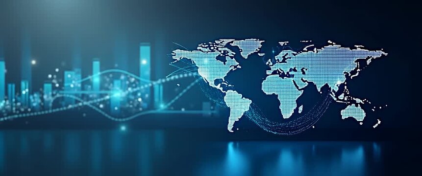 Animated world map with glowing data points, digital lines pulsing, and a smooth camera pan across a futuristic, tech-inspired background; cinematic style with dynamic visual appeal.