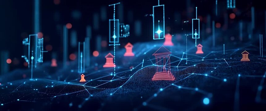 Futuristic network grid with glowing digital finance icons gently pulse as the camera pans smoothly, creating a mesmerizing, cinematic view of innovation and technology evolution.
