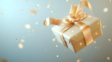 Fototapeta premium A beautifully wrapped gift box with a golden ribbon floating in mid-air surrounded by confetti