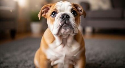 Adorable Bulldog Puppy Sitting on a Rug Indoors.