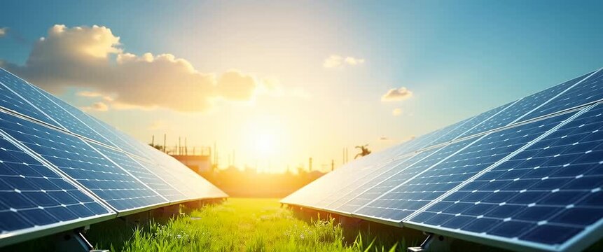 Cinematic sunrise over solar panels, gentle light flicker across reflective surfaces, slow pan revealing sustainable energy landscape, capturing renewable power innovation and environmental progress.