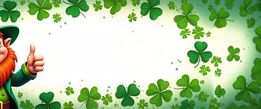 Cheerful leprechaun gives a thumbs-up amidst swirling shamrocks, while the camera gently pans across a vibrant, festive scene, in a lively, cartoon-style animation.