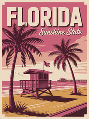Fototapeta premium Florida Sunshine State Poster, monochromatic pastel palette, scenic tropical design, minimal aesthetic