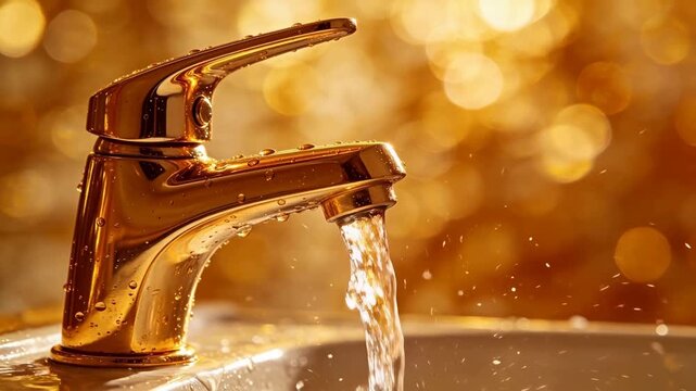 Golden faucet with flowing water, highlighting point-of-use water filtration and microplastic removal 