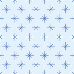 Seamless vector minimalist pattern with blue snowflakes stars on light blue background