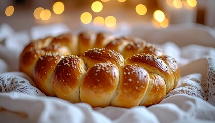 Festive Braided Bread Wreath with Golden Crust and Seed Topping.