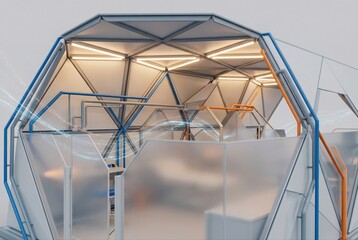 Innovative architectural workspace design featuring geometric shapes and artisanal craftsmanship illuminated by modern LED lighting that enhances productivity and creativity in collaborative