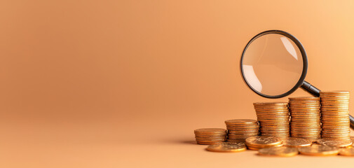 Magnifying glass gold coin stack saving finance investment money wealth budget growth Minimalist scene with magnifying glass gold coin stack warm tone backdrop concept of money saving finance