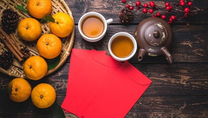 Festive Chinese New Year Tea Ceremony with Oranges.