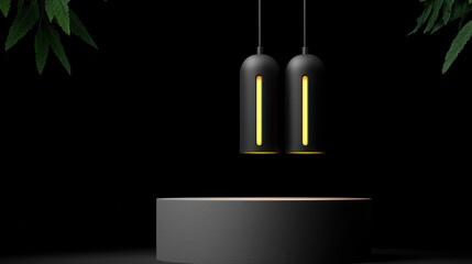 Minimalist pendant lamp black cylinder light modern lighting dark background round podium glowing warm light contemporary interior empty stage product display copy space gently calm mood with