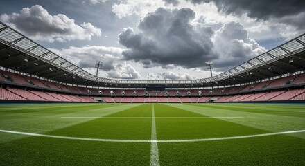 Stunning Grand Football Stadium with Lush Green Field Under Dramatic Sky, Ready for Epic Matches