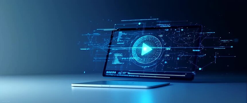 Futuristic digital interface with glowing play button hovers over laptop on sleek desk, as camera slowly pans, highlighting ambient tech animations in cinematic style.