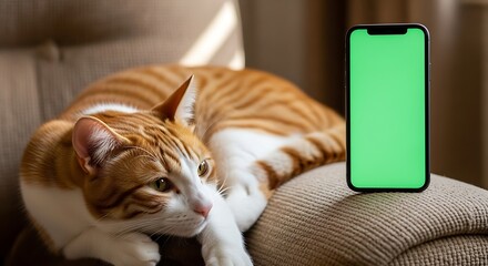 Orange Tabby Cat Relaxing Next to a Smartphone with Green Screen.