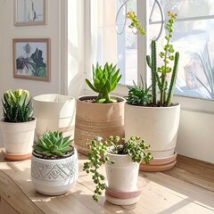 Fototapeta premium Succulents and cacti in various pots on a sunny windowsill, natural light