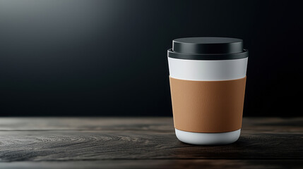 Reusable cup coffee cup travel mug eco friendly minimalist black lid brown sleeve white container takeaway wood table modern clean matte soft light studio closeup morning beverage caffeine hot