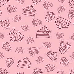 Seamless vector pattern with pink strawberry cake slices on a pink background