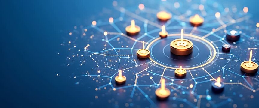Cryptocurrency network visualization with digital coins in dynamic motion, as camera slowly pans across a futuristic, cinematic blockchain network with ambient data flow, highlighting innovation.