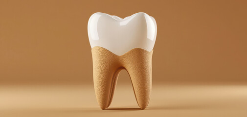 Shiny tooth dental anatomy oral health enamel surface glossy texture beige background minimal style clean concept healthy care studio lighting with calm mood and clarity for education and marketing