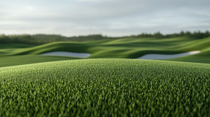Rolling hill green grass golf course landscape morning light tranquil soft focus fairway sand bunker outdoors
