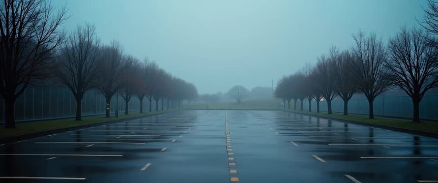 Foggy morning in an empty parking lot with bare trees gently swaying as the camera slowly pans, creating a serene atmosphere perfect for cinematic and commercial use.