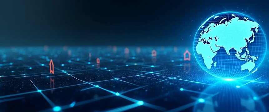 Global digital network evolves with a rotating Earth, while the camera smoothly pans across a futuristic grid, in a cinematic style emphasizing technology, innovation, and connectivity.