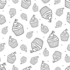 Seamless vector pattern with linear cupcakes with cherries on a white background
