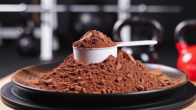 4K product shot mound whey protein powder with a scoop on a rotating black plate for fitness, bodybuilding, and muscle recovery.
