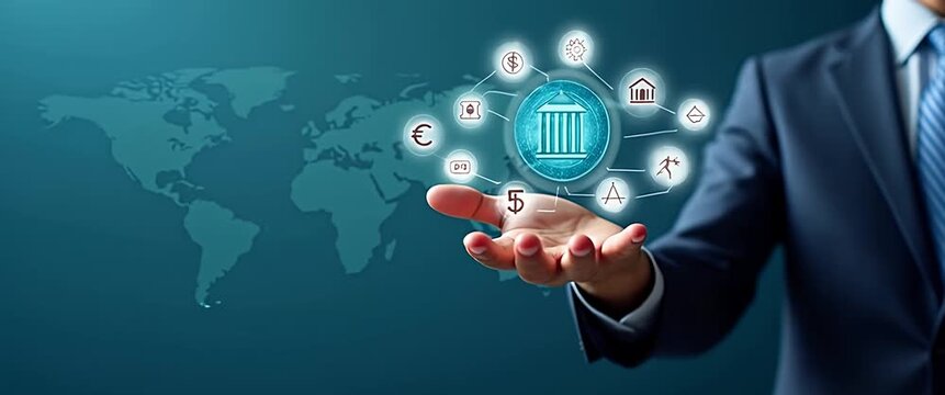 Business professional presents digital finance icons with a slow camera pan over a futuristic world map; ambient data streams animate in a sleek, cinematic style.