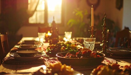 Festive Thanksgiving Dinner Table Setting with Warm Lighting.