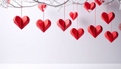 Festive Valentines Day Decoration - Red Paper Hearts Hanging from Branches.