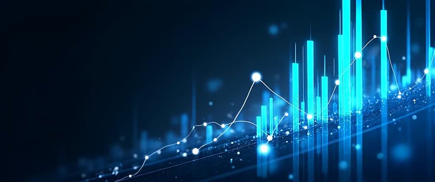 Glowing data graphs pulse rhythmically as the camera slowly pans across a futuristic digital landscape, creating a mesmerizing, cinematic visualization of financial technology trends.