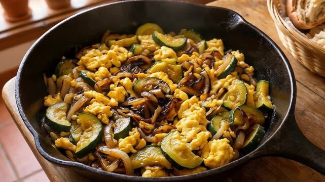 Sart&eacute;n de hierro con zarangollo murciano reci&eacute;n cocinado, mostrando el huevo cuajado junto a rodajas de calabac&iacute;n y cebolla caramelizada, acompa&ntilde;ado de una cesta de pan artesanal en una cocina 
