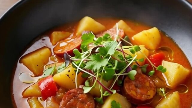 Plato de patatas a la riojana servido en un bol negro moderno, con trozos de chorizo, pimiento rojo y patatas en un caldo trabado, decorado con brotes frescos