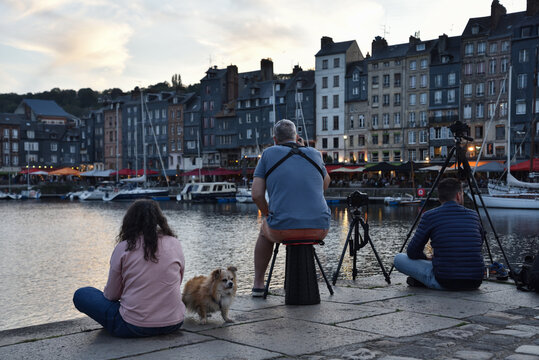 Photographers Taking Pictures with Tripods at the Old Port in the City Center of Honfleur, Normandy, France
