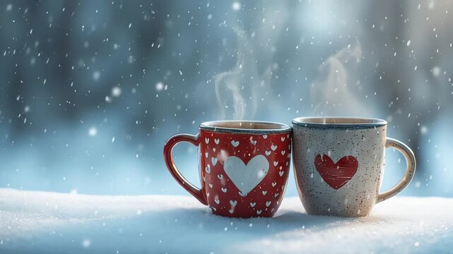 Cozy mugs with hearts steaming in a winter snowfall romantic scene