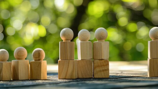 Wooden figures on pedestals against blurred green background