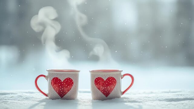 Two Steaming Mugs with Heart Designs on Snow Winter Romance Scene